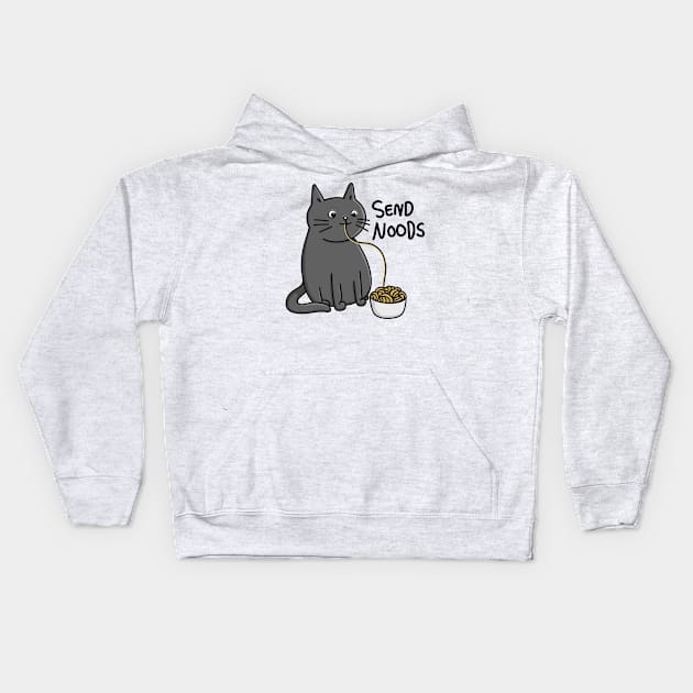 Cute funny cat eating noodles with Send Noods quote modern minimal cartoon Digital Illustration Kids Hoodie by AlmightyClaire